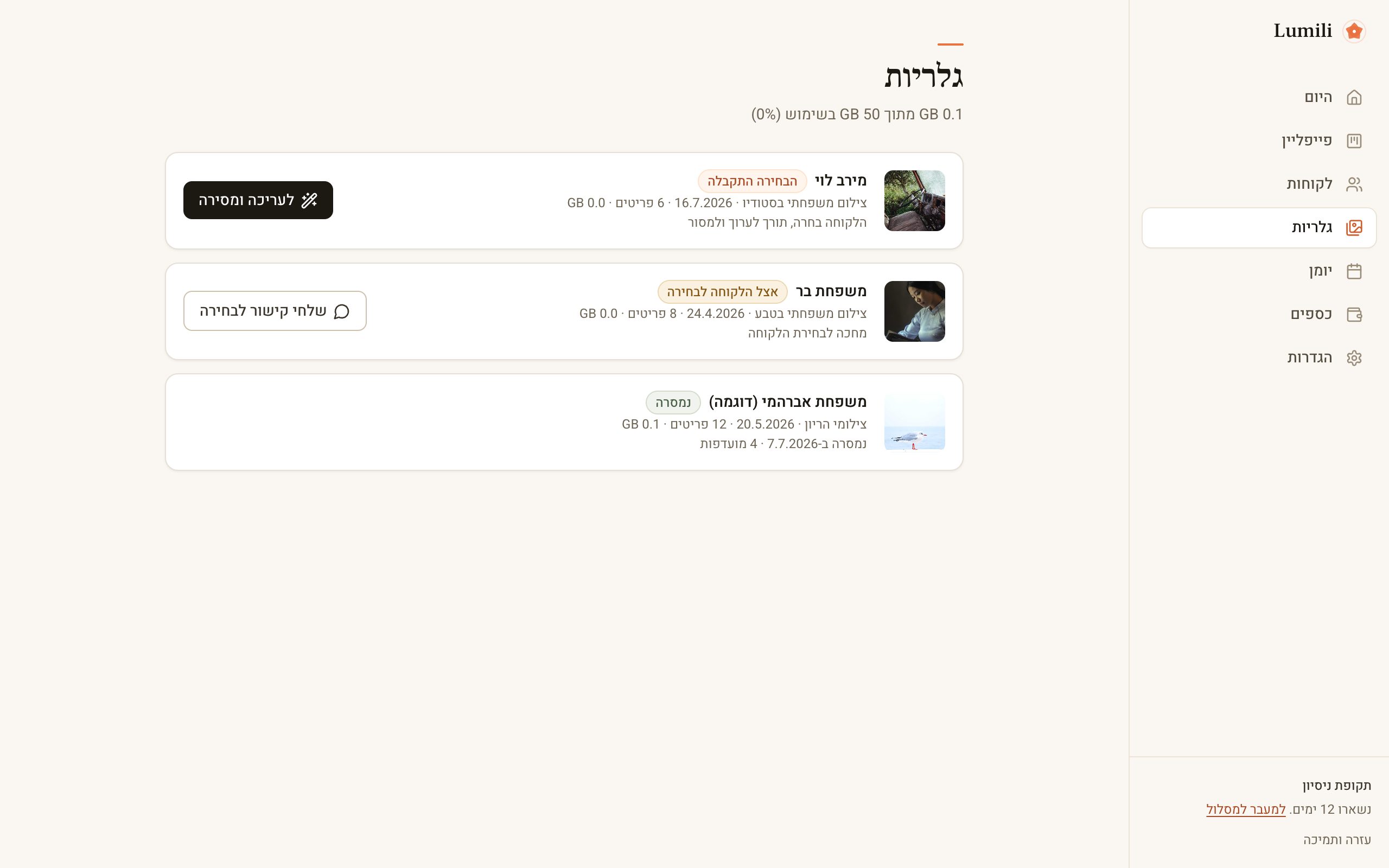 מסך הגלריות שמראה את שלבי התהליך
