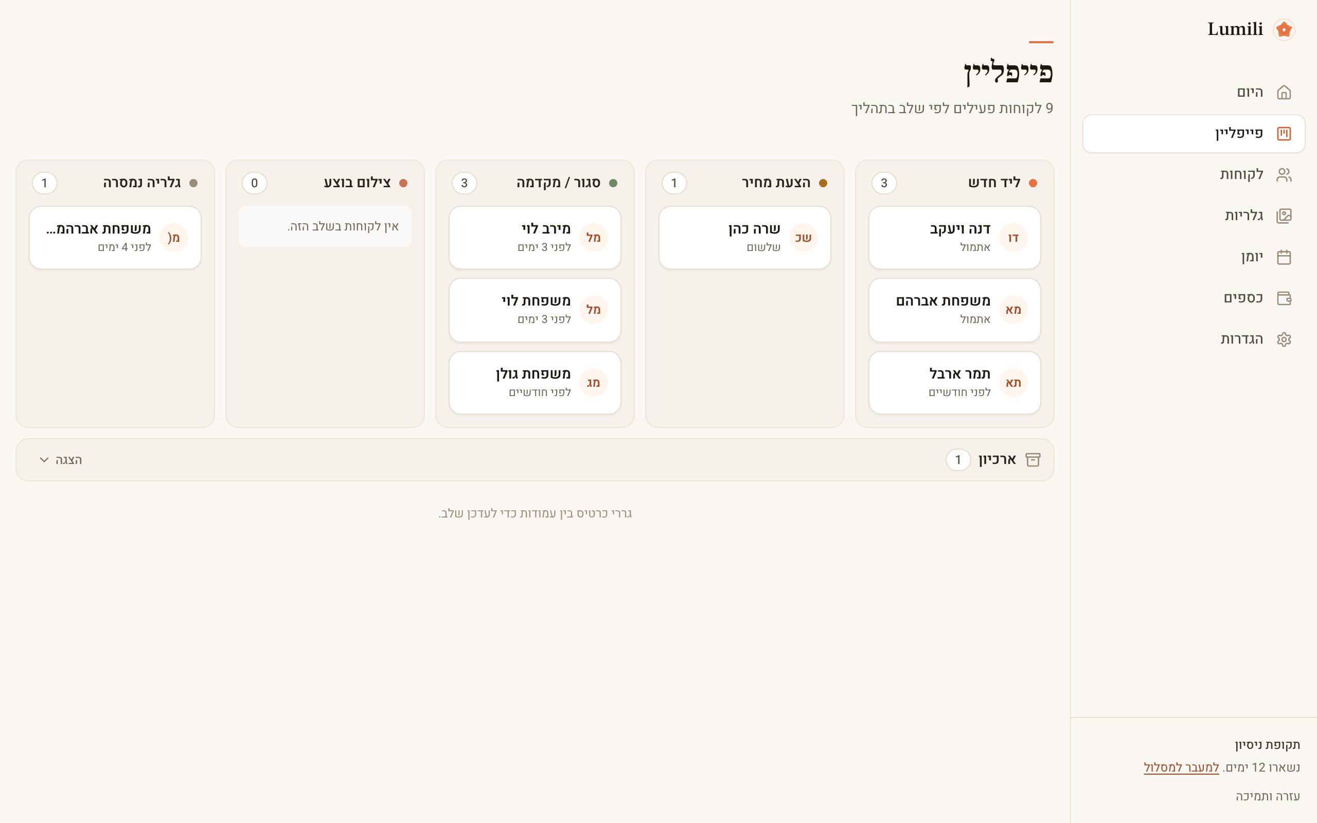 לוח הפייפליין עם עמודות שלבים וכרטיסי לקוחות